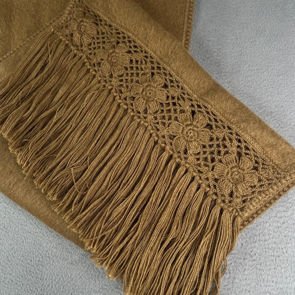 Alpaca Camargo Scarf Womens Brown Floral Crochet Fringe Trim Soft Peru Boho Wrap